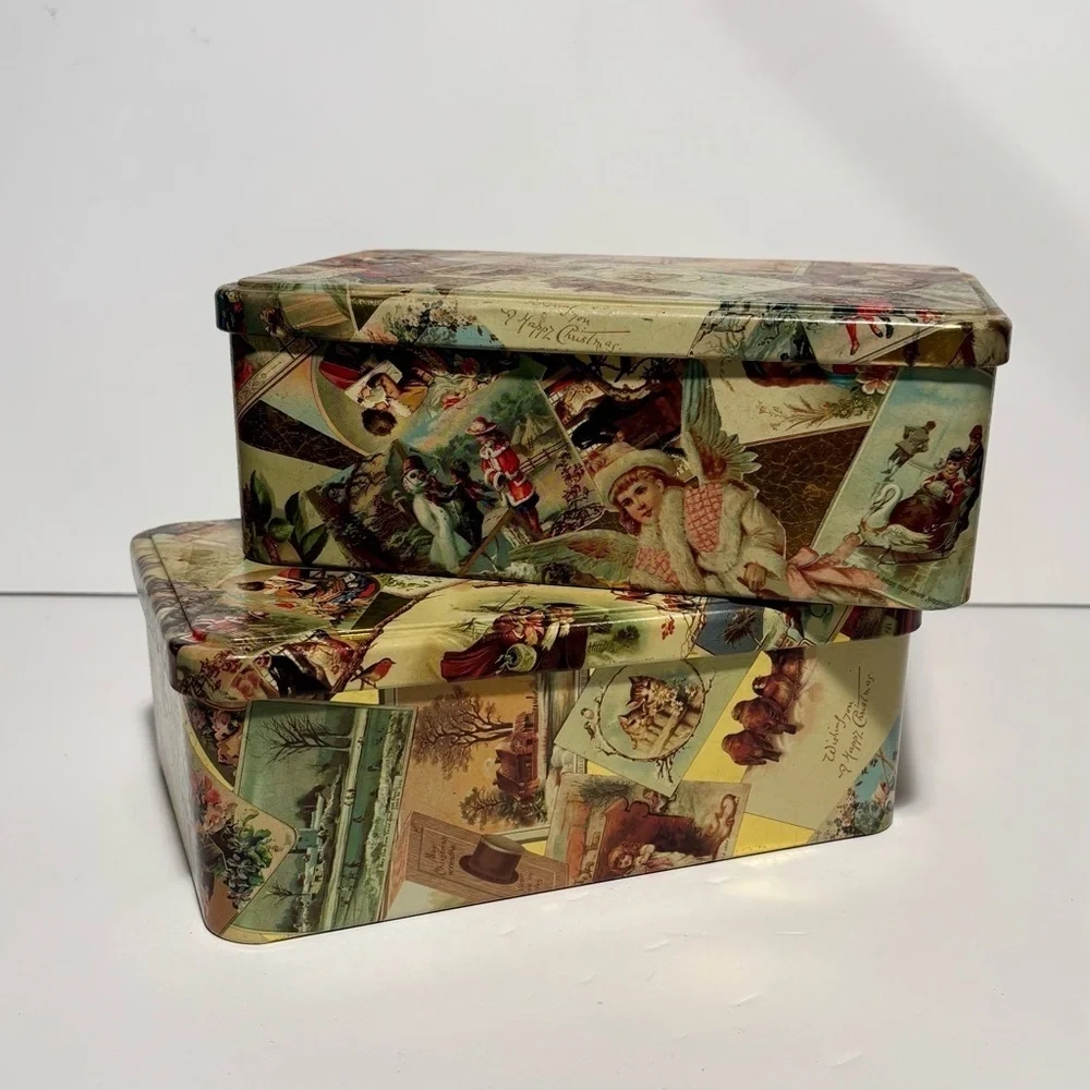 2 Vintage Style Decorative Tin Boxes - Victorian Christmas Postcard Design